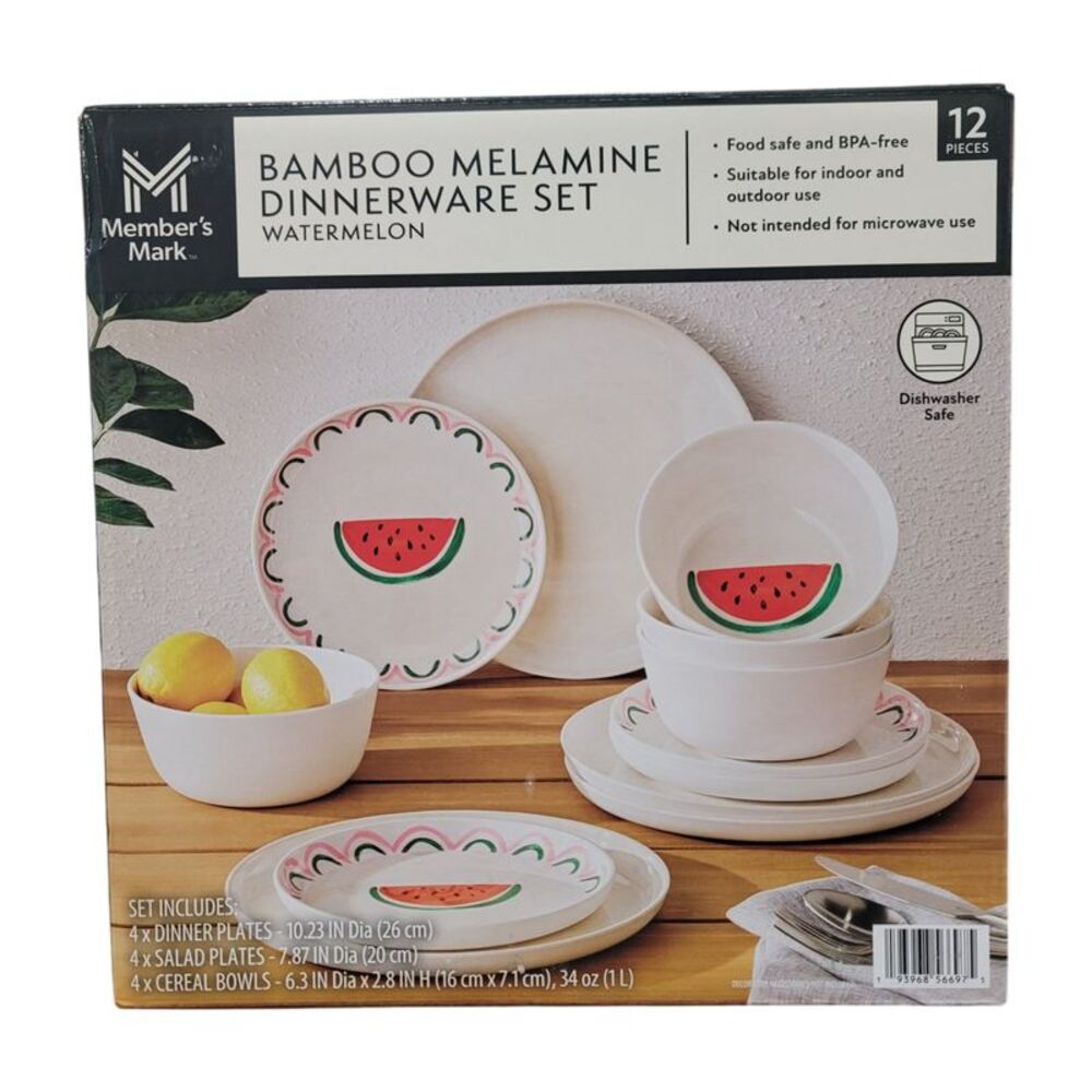 Watermelon - Member's Mark 12-Piece Bamboo Melamine Indoor/Outdoor Dinnerware Se